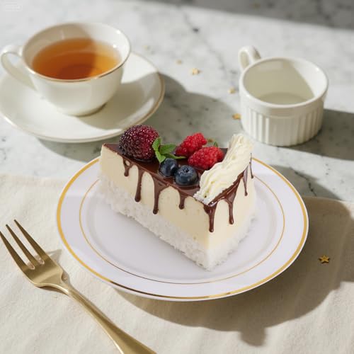 bUCLA 200PCS Gold Plastic Plates - 6.25inch White with Gold Trim Disposable Salad/Dessert/Appetizer/Small Cake Plates, Ideal for Wedding & Party - color: 6.25Inch-200pcs-Gold