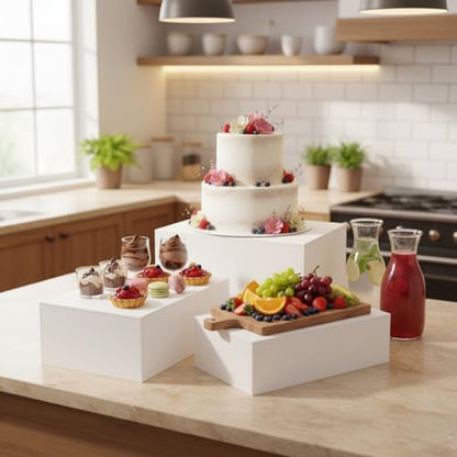 3 Pack Extra Large Acrylic Buffet Risers - 15”, 14”, 13” White Display Stands with Hollow Bottoms, Cube Riser Boxes Nesting for Dessert Food Catering Buffet Display Party Supplies - color: White, size: 15”,14”,13”