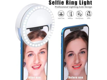 Selfie Ring Light for iPhone, Android, Tablet - Rechargeable Clip-on 3 Light Levels
