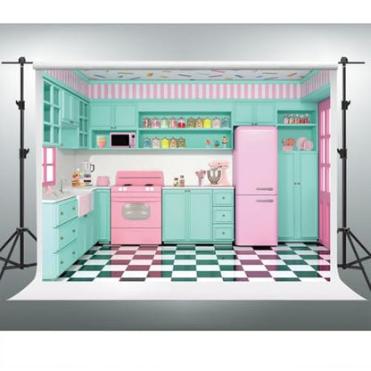YongFoto Pink Green Retro Kitchen Backdrop 10x7ft Cooking Baking House Photography Background Cake Smash Sweet Baby Girl Birthday Party Banner Kids Portraits Photoshoot Wallpaper Booth Props - size: 10ftx7ft