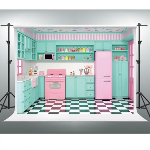 YongFoto Pink Green Retro Kitchen Backdrop 8x6ft Cooking Baking House Photography Background Cake Smash Sweet Baby Girl Birthday Party Banner Kids Portraits Photoshoot Wallpaper Booth Props - size: 8ftx6ft