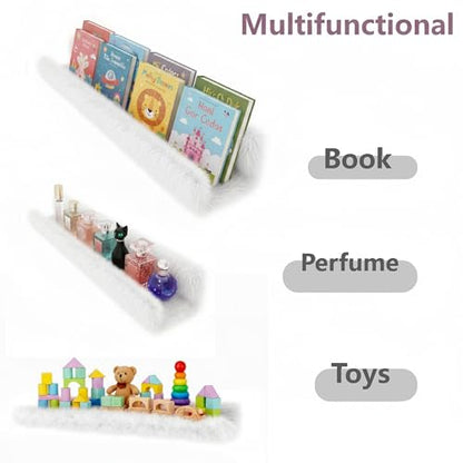 1PC Plush Bookshelf for Kids, Soft Hanging Book Display Shelf for Nursery Wall, Easy Mount Floating Bookshelf Display Organizer, Unique (White) - color: 24in-furry White