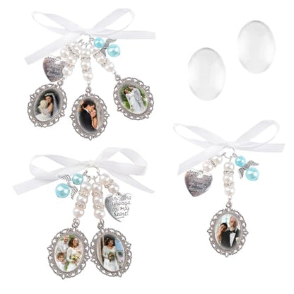 3Pcs Silver Wedding Bouquet Photo Charm,Thermal Transfer Bouquet Charm Kit for Gift Bridal Shower Graduation Memorial Photo Pin Brooch for Mother