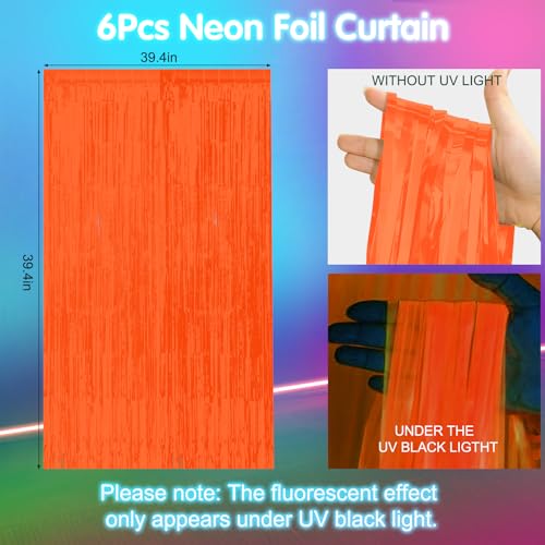 6 Pack 3.3Ft x 6.6Ft Orange Glow in The Dark Foil Fringe Curtain Backdrop Party Supplies, Fluorescent Macaron Metallic Tinsel Foil Streamers Curtain Photo Booth for Neon Birthday Party Decorations - color: Glow in The Dark-Orange