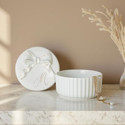 COLLECTIVE HOME Monogram Ceramic Jewelry Box with Bow - Small Trinket Dish, Elegant Wedding，Bridal Shower & Bridesmaid Gifts (M) - color: M