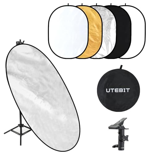 UTEBIT 35"x47"/90x120cm Photography Reflector with Stand & Clamp, 5-in-1 Oval Foldable Reflector with Carrying Bag,Translucent/Silver/Gold/White/Black Photography Reflector for Studio&Outdoor Lighting - size: 35x47 Inch