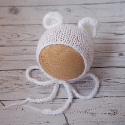 Newborn Photography Props Boys Girls Outfits Mohair Bear Hat Bonnet & Footed Romper Bodysuit Photoshoot Costume Set - color: White