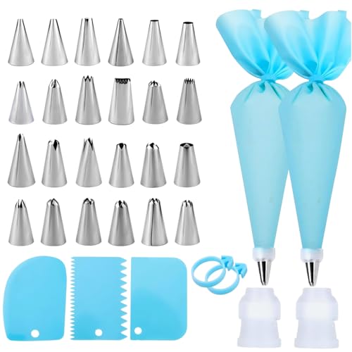 Piping Bags and Tips Set, Cake Decorating Kit - 24 Stainless Steel Piping Tips, 2 Reusable Silicone Pastry Bags, 3 Scrapers - Complete Baking Supplies for Cupcakes, Cookies, and Cake Decorating - size: Small Size（33 PCS）