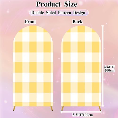 6.6FT Wedding Arch Backdrop Cover Plaid Seamless Texture Yellow Checkered backgraund Spandex Fitted Fabric Round Top Stretchy Stand Covers for Baby Shower Birthday Party Decoration - color: Color2, size: 6.6x3.3 FT