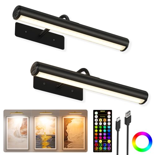EZVALO 13 Inch Wireless Picture Lights, 4000mAh Rechargeable Battery RGB Colors Lights with Remote, Dimmable 3 Color Temps LED Painting Lights for Living Room, Bedroom (Black, 2Pack) - color: RGB Black, size: 13inch