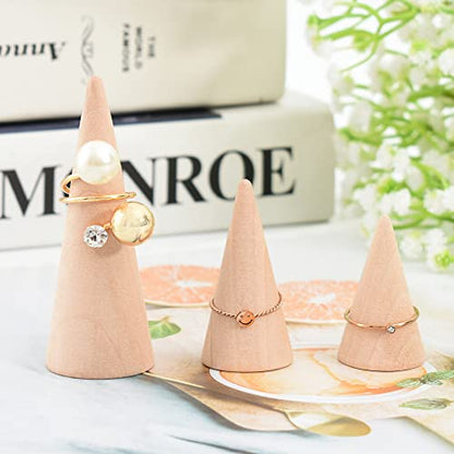 Natural Wood Cones, 10Pcs 3 Different Sizes Wood Cone Rings Holder Jewelry Display Stand Vertical Shaped Unpainted Wooden Cones for Girls Women DIY Craft - color: Natural wood