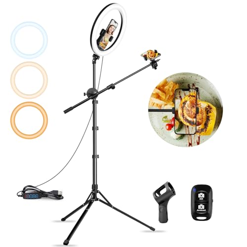 Aureday 12" Overhead Ring Light with Stand, Dimmable Ringlight with Phone & Mic Holder, 62" Adjustable Tripod for Video Recording, Live Streaming, Tiktok, YouTube, Makeup, Cooking - color: BLACK, size: 12in-microphone&phone