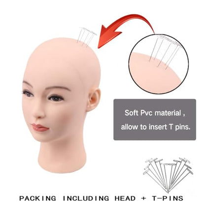HAIRWAY Bald Mannequin Head Female Professional Cosmetology Training Head Bald Manikin Head for Wigs Making and Display Doll Head with Free T-pins (White 21.5 Inch) - color: Female Bald Head 21.5“ White