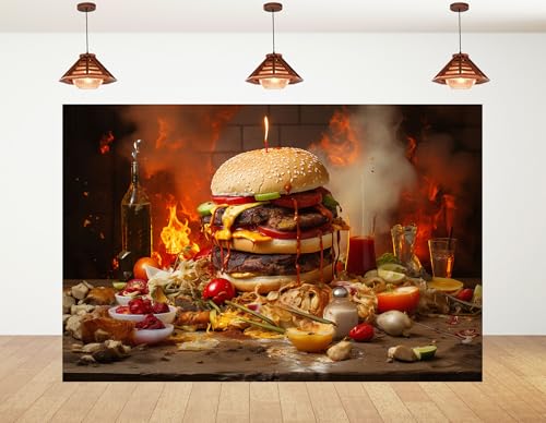 10x10ft Fiery Giant Burger Backdrop Burning Flame Photography Background for Spicy Food Party and Festival Decorations Tapestry Photo Booth Props - size: 10x10ft