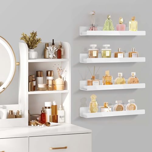 4 Pack 15 Inch Whtie Acrylic Shelves, Kids Floating Bookshelf for Kids Room, Modern Nail Polish Rack Sunglasses Essential Oil Picture Ledge Display Toy Storage Wall Shelf - color: 15in-whtie