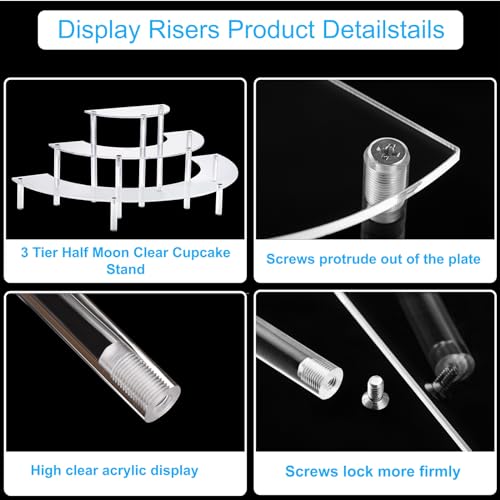 HENABLE Acrylic Display Risers, 3 Tier Clear Cupcake Perfume Stand Organizer, Half Moon Dessert Stand for Display, Food, Amiibo Funko POP Figure (2half