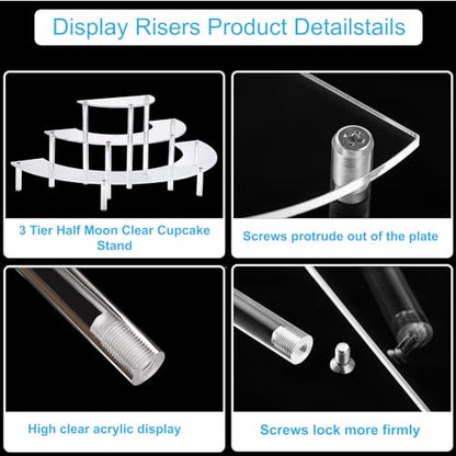 HENABLE Acrylic Display Risers, 3 Tier Clear Cupcake Perfume Stand Organizer, Half Moon Dessert Stand for Display, Food, Amiibo Funko POP Figure (2half