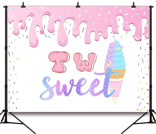 7x5Ft Two Sweet Ice Cream Backdrop Two Sweet 2nd Birthday Background Sweet Summer Girls Birthday Baby Shower Decorations Banner Photo Booth Props - color: Ice cream Backdrop 2