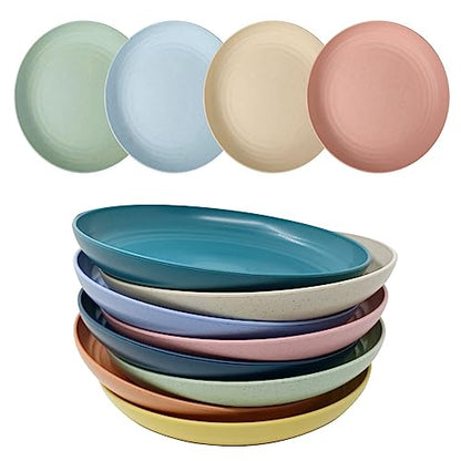 CAMBUY Wheat Straw Plates Lightweight Unbreakable Dinner Dishes Plates Set Dishwasher & Microwave Safe (Large 8 Pack 8') - color: Large Double Multicolour