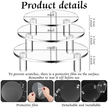 Lineshading 3 Pcs Round Acrylic Display Riser Clear Round Stands Clear Pedestal Riser Board for Cake Plant Dessert Jewelry Collectible Cupcake Figure Wedding Birthday Party Decor(6'',8'',10'') - size: 6'',8'',10''