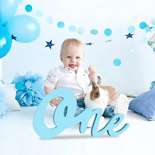 TONIFUL One Wooden Sign Cutout Letter for Boy 1st Birthday Party Decorations Table Centerpieces for First Birthday Light Blue Letter Wooden Photo Booth Props Party Decorations Supplies - style: One-Light Blue