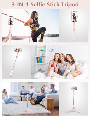 Selfie Stick with Light, 45'' Selfie Stick Tripod with Wireless Remote, Portable Travel Phone Tripod Compatible with iPhone 15 Pro Max/15/14 Pro/14/13, Samsung S22/ S23 Ultra/Android Smartphone (Pink) - color: Pink - 45" Standard Height