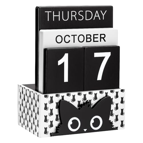 AceOrbit Cat Wood Block Perpetual Calendar Coquettish Desk Decor Cute Month Week Date Display Decorative Block Calendar for Women Office Home Desk Gift for Women