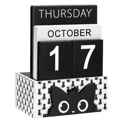 AceOrbit Cat Wood Block Perpetual Calendar Coquettish Desk Decor Cute Month Week Date Display Decorative Block Calendar for Women Office Home Desk Gift for Women