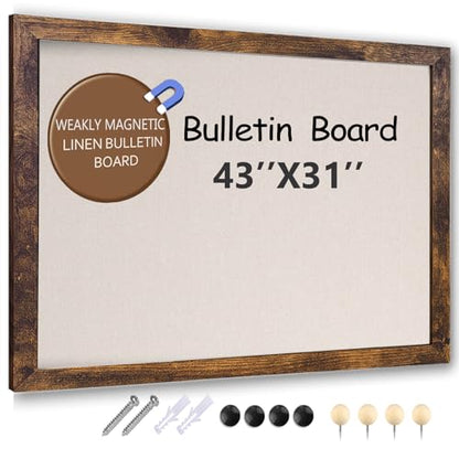 Large Magnetic Bulletin Board 43 x 31 Inch for Wall,Rustic Framed Cork Board with Linen for Home Office School,with 4 Push pins, 4 Magnets - size: 43inchx31inch