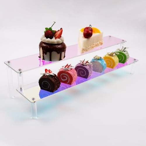 MY MIRONEY 2 Tier Acrylic Riser Display Shelf Iridescent Display Stand Figurines Decoration Organizer Cupcakes Holder for Display Food Desserts Collectibles Perfume Makeup(15.75" x 5.04" x 3.94") - size: 15.75" x 5.04" x 3.94"