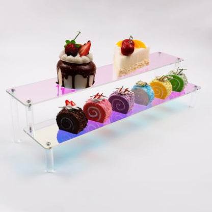 MY MIRONEY 2 Tier Acrylic Riser Display Shelf Iridescent Display Stand Figurines Decoration Organizer Cupcakes Holder for Display Food Desserts Collectibles Perfume Makeup(15.75" x 5.04" x 3.94") - size: 15.75" x 5.04" x 3.94"