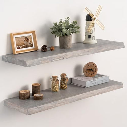 Live Edge Floating Shelves Set of 2, 32 Inch Solid Elm Wood Wall Shelves - Invisible Bracket Mount for Living Room, Bedroom, Kitchen, Bathroom | Weathered Gray - color: Driftwood Gray, size: 32"L, 2-Pack
