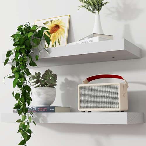 Axeman Floating Shelves, 2 Pack 8 Inch Deep Rustic Solid Wood Wall Shelves for Storage, Wall Mounted Display Shelving with Invisible Heavy-Duty Metal Bracket, 24" W x 8" D x 1.6" H, Distressed White - color: Distressed White, size: 24" W, 2-Pack