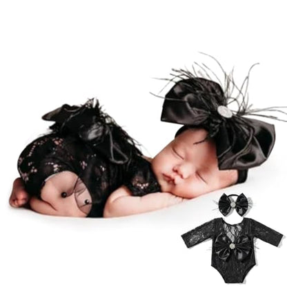 ForBaysy Newborn Photography Props Girls Outfit Feather Bow Lace Romper Newborn Dress - color: Black