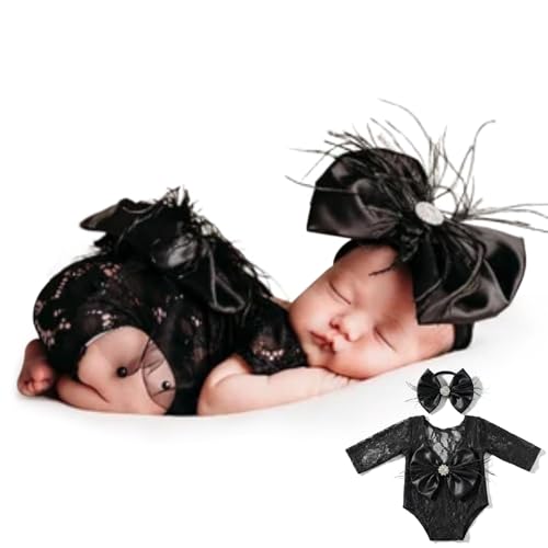 ForBaysy Newborn Photography Props Girls Outfit Feather Bow Lace Romper Newborn Dress - color: Black