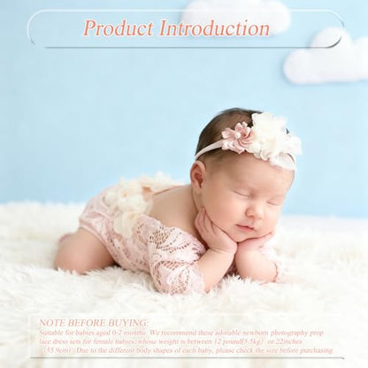 Newborn Photography Outfits, Cute Baby Lace Ribbon Rompers with Headband for Infant Photography Props - color: Light Pink