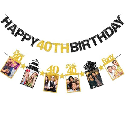 Guiruiy Pre-strung Happy 40th Birthday Photo Banner Decorations for Men Women, Black Gold Glitter Hello 40 Birthday Photo Hanging Banner Party Supplies, Cheers to 40 Years Old Bday Sign - style: Black Gold 40th