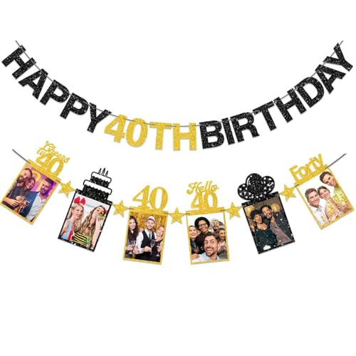 Guiruiy Pre-strung Happy 40th Birthday Photo Banner Decorations for Men Women, Black Gold Glitter Hello 40 Birthday Photo Hanging Banner Party Supplies, Cheers to 40 Years Old Bday Sign - style: Black Gold 40th