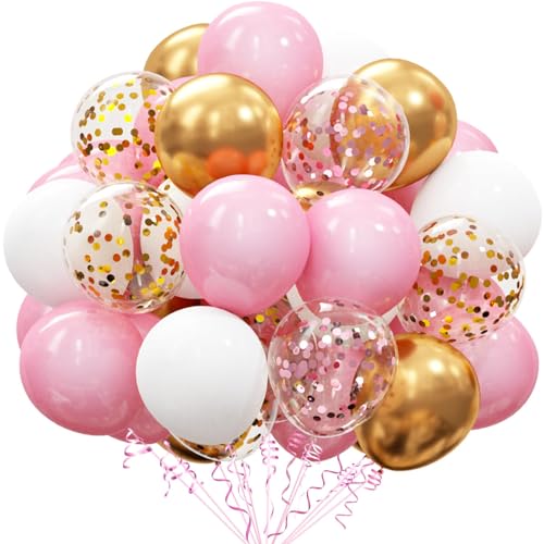 OuMuaMua 60Pcs Pink Gold Confetti Latex Balloons Kit, 12 Inch Pink White Gold Helium Mother's Day Balloons Party Supplies for Confession Proposal Wedding Girl Birthday Baby Shower Party Decoration - color: Pink White Gold