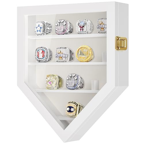 TJ.MOREE Championship Ring Display Case, 12 Ring Posts Baseball Ring Display Case, Wall Mount Wooden Glass Shadow Box with Locks to Show Sport, Class, Fraternity, and Award Rings - White - color: 12 Posts-white-pentagon