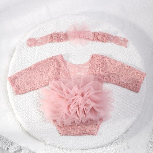 Newborn Photography Outfits Girl Baby Photography Props Lace Romper with Headress Newborn Outfits Girls Photo Props - color: Pink