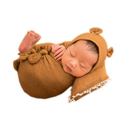 Newborn Baby Boy Girl Photography Props Bow Wrap, Posing Aid, Hat and Blanket Set of 4 Pcs - color: Ginger Yellow