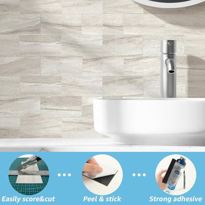 Art3d 102-Piece Faux Stone Peel and Stick Backsplash Tile, Waterproof Thick PVC Stick On Subway Wall Tile for Kitchen Bathroom Laundry Room Fireplace - 3" x 6" Biege Marble - color: Biege Marble