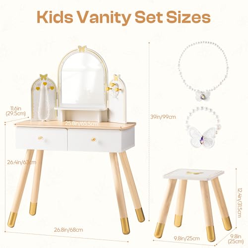 ROBUD Kids Vanity Table and Chair Set, Girls Vanity Set with Mirror, Pretend Play Kids Vanity, Makeup Dressing Table with Drawer and Accessories, Age 3+ (Platinum) - color: Platinum
