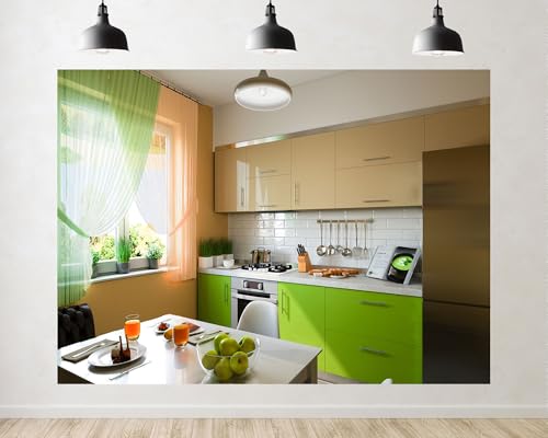 Trykid 6x4ft Bright Green Kitchen Interior Backdrop Modern Home Cooking Photography Background Food Blogger Culinary Vlog Theme Party Decoration Tapestry Photo Booth Prop Fabric Backdrop - size: 6x4ft