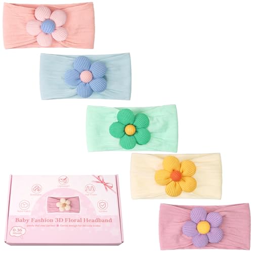 CÉLLOT 5 Pcs Baby Flower Headbands Baby Girls Nylon Headbands Soft Hairbands Hair Accessories for Newborn Infant Toddler Kids(Vibrant Color - color: Green + Purple + Pink + Sky Blue + Beige