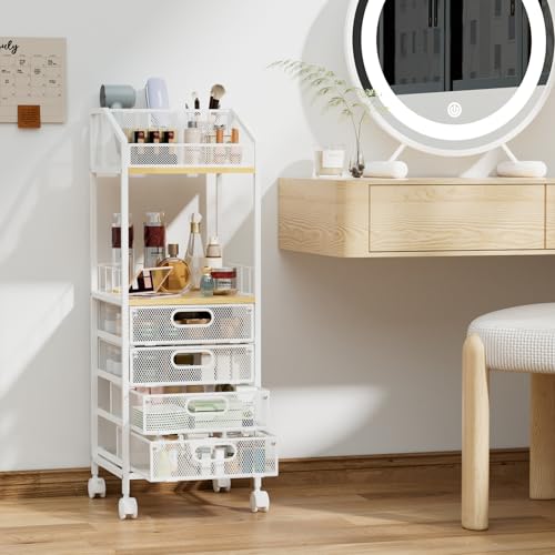 HapiRm Rolling Cart Makeup Organizer - Metal Makeup Cart with Wheels and Drawers for Small Spaces & Messy Vanities, Space-Saving Beauty Cosmetics Cart Storage Cabinet Stand for Perfume Hair Tools - color: Natural