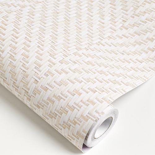Rugreat Striped Grasscloth Wallpaper Peel and Stick Textured Grass Cloth Contact Paper for Cabinets Herringbone Fabric Wallpaper for Bedroom Beige Faux Linen Contact Paper Removable 393inL 17.3inW - size: 17.3" x 393"