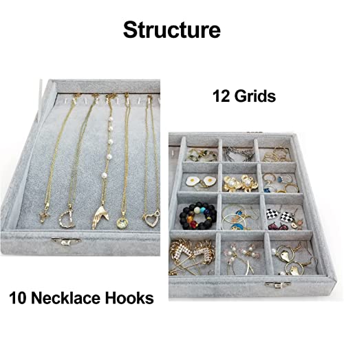 Ice Velvet Jewelry Box Display Case with a Clear Glass Window,10 Hooks Necklace Organizer Box and 12 Grids for Earrings Rings Storage Grey - color: 12 Grids & 10 Necklace Hooks