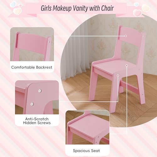 Girls Vanity Table and Chair Set, Kids Vanity with Jewelry Organizer for Princess, Toddler Makeup Vanity Desk with Open Shelf, Closed Cabinet and Butterfly Pattern, Pink - color: Pink